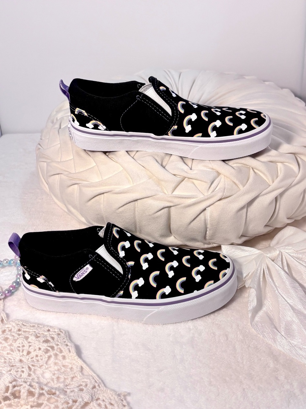 NWOT Vans Rainbow Cloud Slip‑Ons | Youth 1.0 | Lavender Trim - Picture 8 of 12